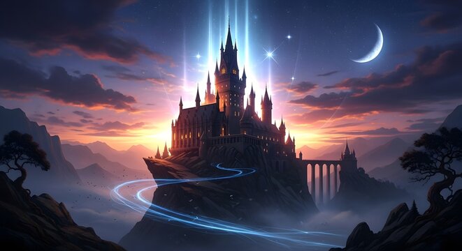 A fantasy castle illuminated at night with a crescent moon and sunset sky in the background