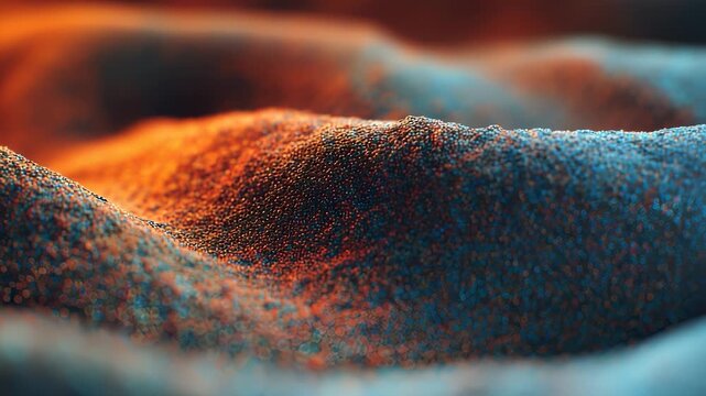Gentle waves of textured sand create a serene landscape under a soft glow, highlighting tiny reflective particles strewn across the surface. The rich colors blend harmoniously, off