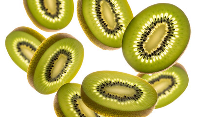 Multiple Backlit Kiwi Fruit Slices Floating and Falling on White Background