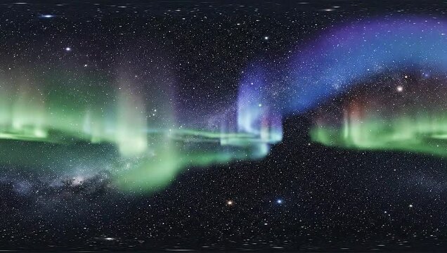 Vibrant 360 VR Aurora Borealis in Starry Night Sky - Green and Blue Northern Lights