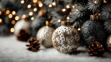 Ornate christmas ornaments with pine cones and lights on a christmas tree