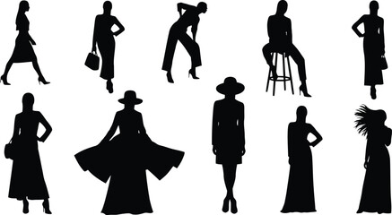 Collection of diverse female fashion silhouettes in various poses, showcasing different styles and movements, isolated on