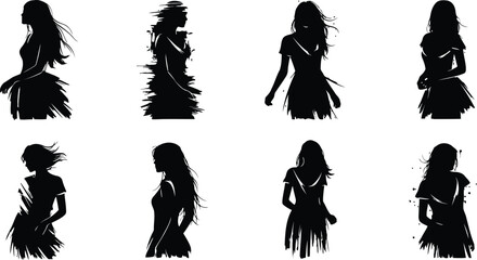 Artistic black silhouettes of women with long, flowing hair and brushstroke effects, isolated on