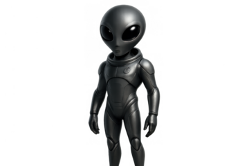 Grey alien character in a futuristic spacesuit, standing, looking forward, with large black eyes on a transparent background