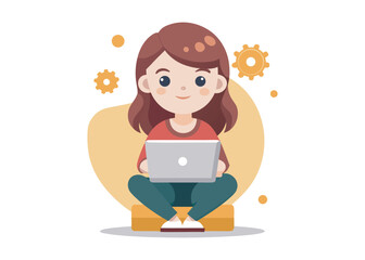 girl with laptop sitting on the chair. Freelance or studying concept. Cute illustration in flat style
