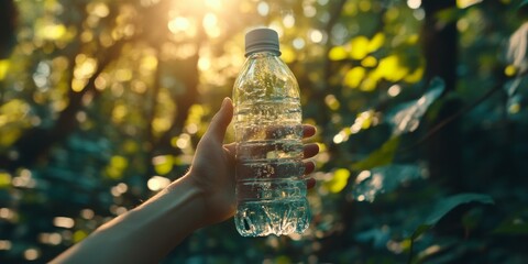 A clear water bottle being held up against the backdrop of a lush green forest with sunlight filtering through the leaves.