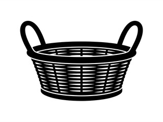 Obraz premium A black silhouette illustration of a woven basket with handles against a white background.