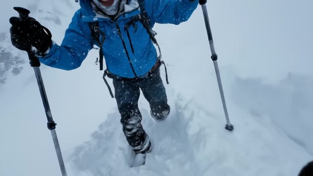 Extreme Hiker Climbing Snowy Mountain in Blizzard Conditions