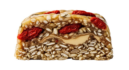 Close up of a healthy energy bar with seeds, nuts, and goji berries, perfect for nutritious snacks or fitness nutrition