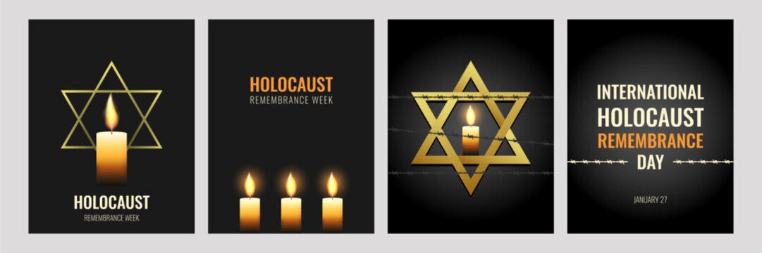 Holocaust Remembrance week vertical poster set. Golden star of David, glowing candle, barbed wire. Vector illustration