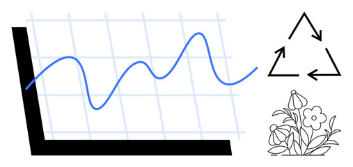 Line graph on a grid, recycling arrows, and blooming plants symbolize progress, sustainability, eco-consciousness, economic growth, environmental care, renewable resources, and a simple flat metaphor