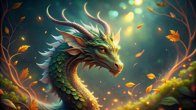 Serene Green Dragon Amidst Autumnal Glow, Enchanting Fantasy Creature Portrait in Mystical Forest Setting