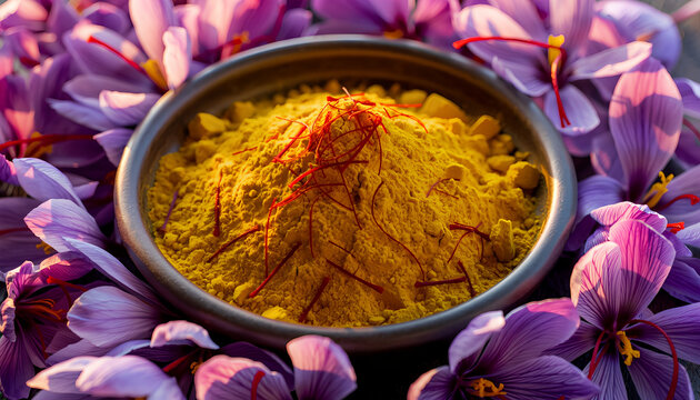 Saffron spice with saffron flowers in a bowl luxury spice