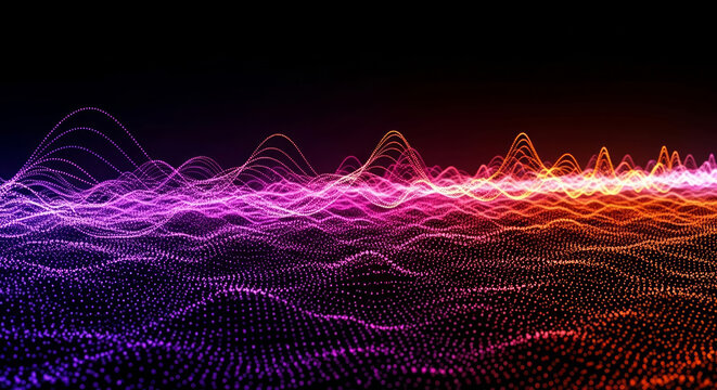 Abstract glowing digital sound wave particles in purple and orange image