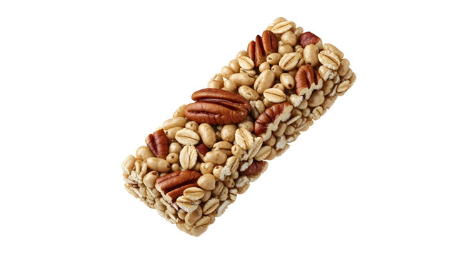 Healthy granola bar with pecans and oats isolated on white background, nutritious snack for energy - Powered by Adobe