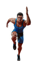Fototapeta premium Male athlete sprinting in blue sportswear showing muscular build and focused expression, ideal for fitness, sports, and training concepts