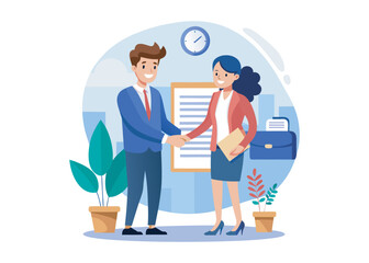 People shaking hands at work - Two businesspeople, man and woman doing handshake in office at work while smiling over business agreement and deal. Flat design stock illustration on white background