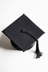 Black mortarboard graduation cap with tassel, isolated on white