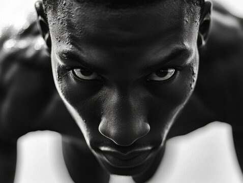 Black and white close-up of a man's intense gaze, sweating, high contrast.
