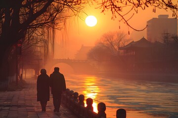 Two people stroll hand in hand by a river during a beautiful sunset. The warm glow of the sun reflects on the water, creating a peaceful atmosphere in the evening light