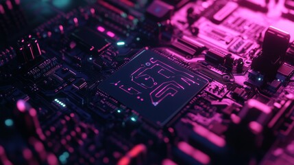 Obraz premium A colorful circuit board with pink and purple neon lights glowing on it.