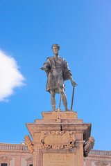 Palermo, Italy - January 24, 2025: Detailed view of a Baroque-style building facade. The ornate statues and intricate carvings highlight the city's rich history and artist