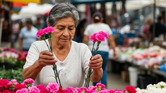 Elderly woman arranging vibrant flowers at outdoor market stall