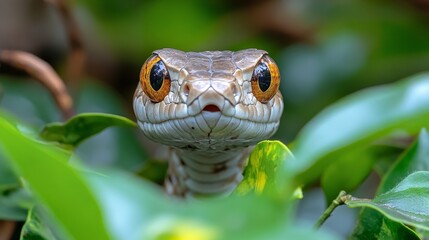 Fototapeta premium A snake with bright orange eyes watches its surroundings among lush green leaves, highlighting nature's beauty