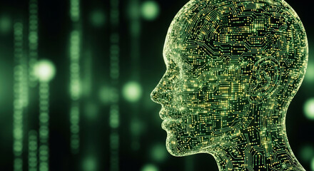 Digital human head profile with glowing green circuit board patterns artificial intelligence technology
