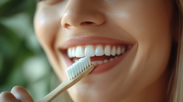 A cheerful person brushes their teeth with a bamboo toothbrush, highlighting the value of oral hygiene and self-care