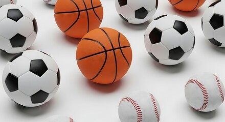 Assortment of various sports ball equipment including soccer, basketball, and baseball objects isolated on white background