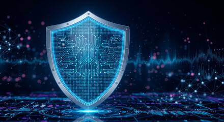 Digital shield with circuit board pattern and binary code on dark background security protection
