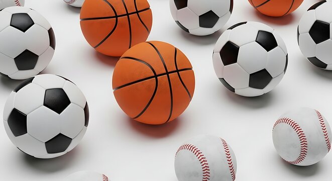Assortment of various sports ball equipment including soccer, basketball, and baseball objects isolated on white background