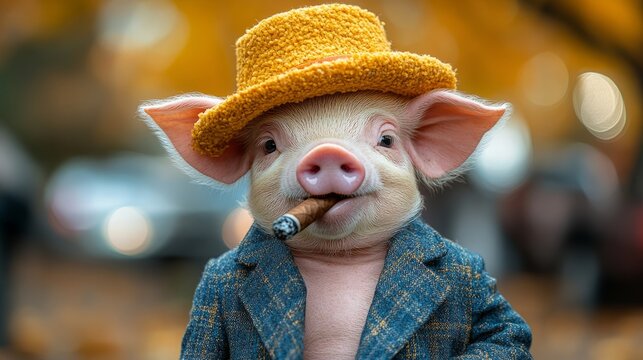 A charming piglet in dapper clothes radiates confidence amid vibrant autumn colors and a lively scene