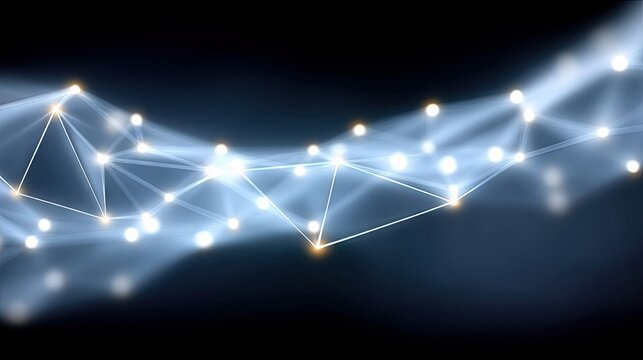 An abstract, digital illustration of a network of glowing light nodes connected by lines, set against a dark background.