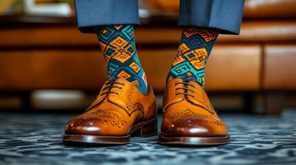 A stylish group features polished brown shoes with colorful patterned socks, showcasing unique fashion flair
