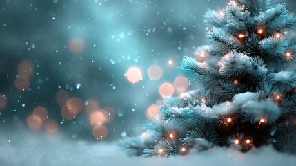Snow-covered christmas tree with glowing lights and falling snow