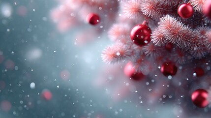 Pink christmas tree decorated with red baubles and falling snow