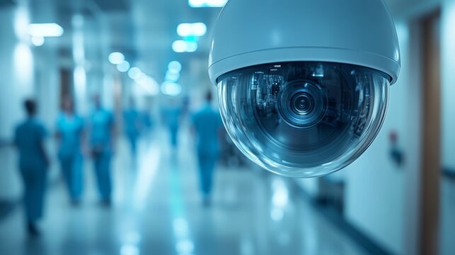 A camera monitors medical staff in a busy healthcare corridor during the day