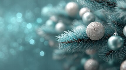 Obraz premium Christmas tree branch with silver and light blue ornaments against a sparkling bokeh background