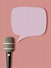 Halftone-style microphone with an empty speech bubble template, retro pop-art design, suitable for podcasting, audio content, social media, advertisements