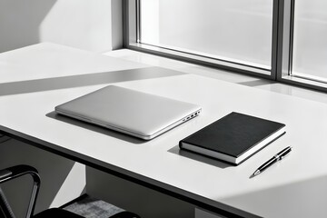 Minimalist Desk with Laptop and Notebook in Sunlight