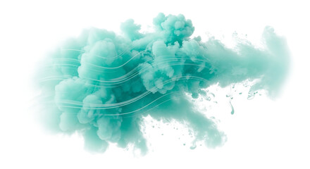 Turquoise smoke cloud with flowing lines for design use on transparent background