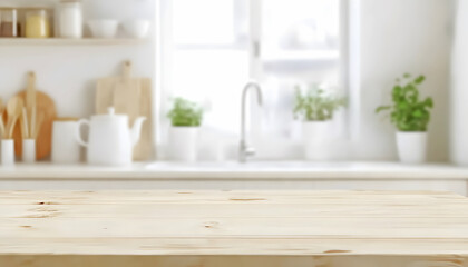 Bright Kitchen Interior Empty Wooden Countertop with Large Window and Plants Blurred Background Mockup
