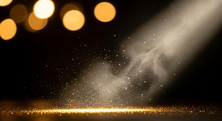Golden spotlight illuminates a stage with dust particles floating