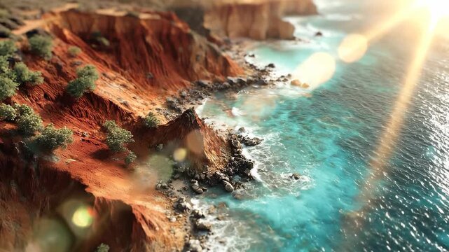 Rugged red cliffs meet a stunning turquoise sea, where gentle waves crash rhythmically against the rocks below. Small green bushes cling to the edge, adding life to the vibrant lan