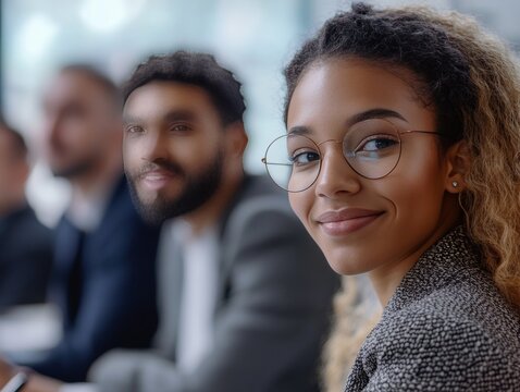 A woman wearing glasses is smiling at the camera while sitting in a professional setting with others around her. She appears to be enjoying herself during a business meeting or conference.