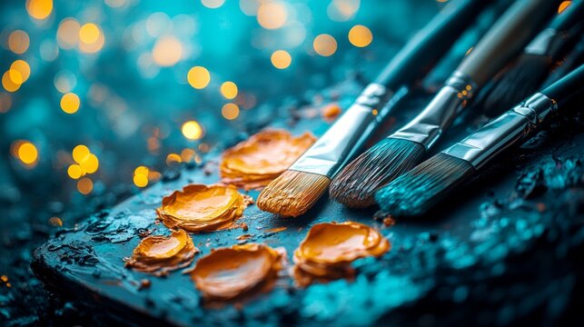 Brightly colored paint splatters adorn an artist's palette as brushes await their next expressive stroke - Powered by Adobe