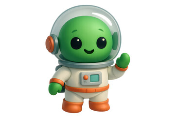 Obraz premium Cute green alien astronaut character waving hello in space suit, exploring universe and greeting friends, 3d render