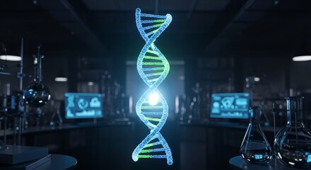 Dna double helix illuminated in laboratory setting with scientific equipment and computer screens